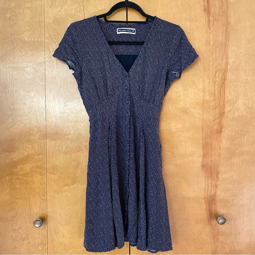 Abercrombie & Fitch Button-Up Navy Polka Dot Dress with Tie Waist
